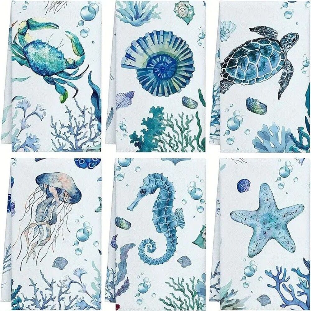 Sea Life Kitchen Towels Turtle Sea Horse Star Fish Jellyfish Cotton 6pc Gift NEW